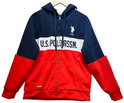 U.S. Polo Assn. Mens Wordmark Pullover Hoodie Stretch Sz L Red Blue Americana