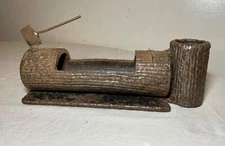 antique handmade Folk Art welded steel lumberjack ashtray match holder stand
