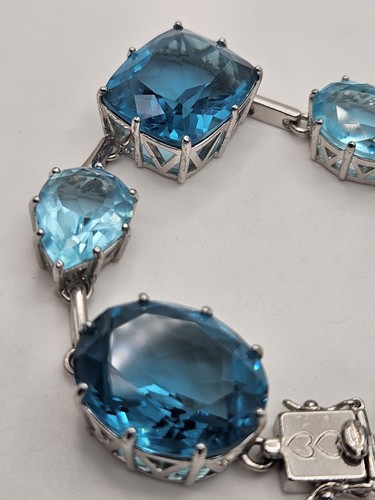 PAJ Silver Tone Large Blue Gemstone Glass Chunky Tennis Bracelet - Picture 5 of 20