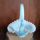 Fenton Hand Painted Signed Blue Roses Painted On  Blue Satin 7.5” Basket