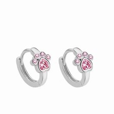 Silver Pink Paw Print Hoop Earrings Women Cute CZ Heart Pet Lover Earrings 217