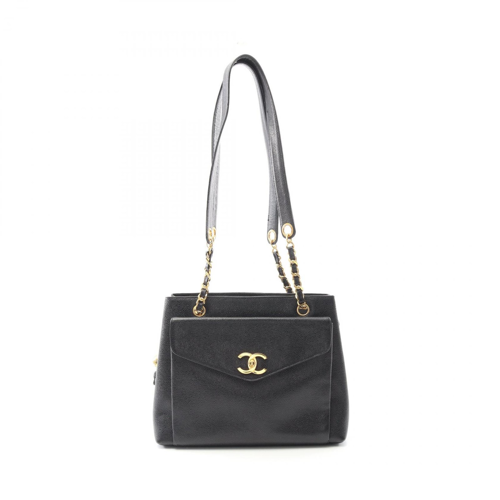 CHANEL CC Logo Chain Shoulder Tote Bag 4566 Calfskin Black GHW Used Women