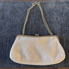 Vintage 1950 s white beaded evening clutch, kiss-lock closure, Hong Kong