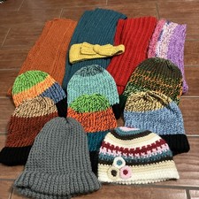 Lot Of 13 Adult Size Handmade Knit Beanie  s  Scarfs, Crochet In The USA