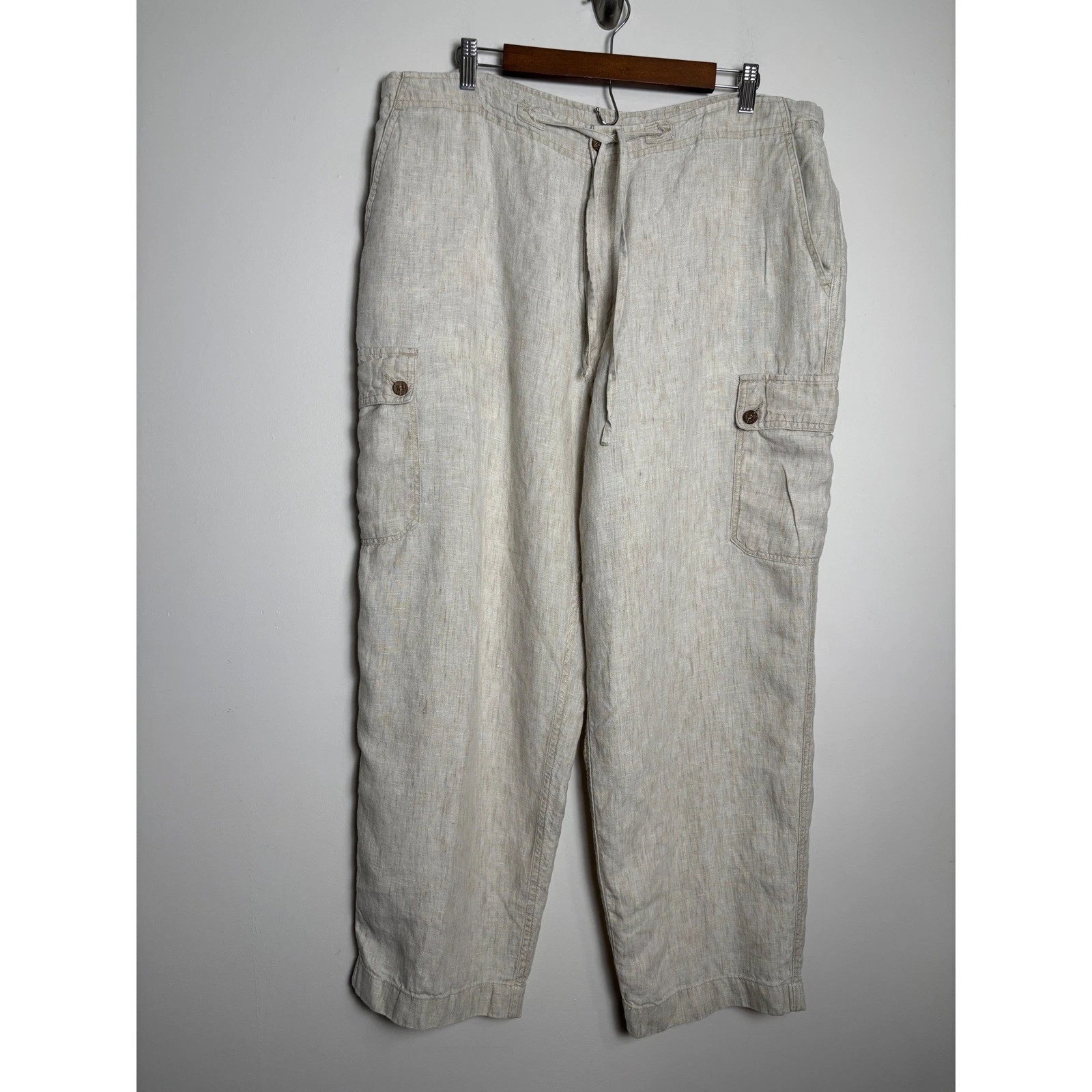 Mens Linen Cargo Pants 42x30 Relaxed Fit Drawstring Summer Preppy Coastal Resort