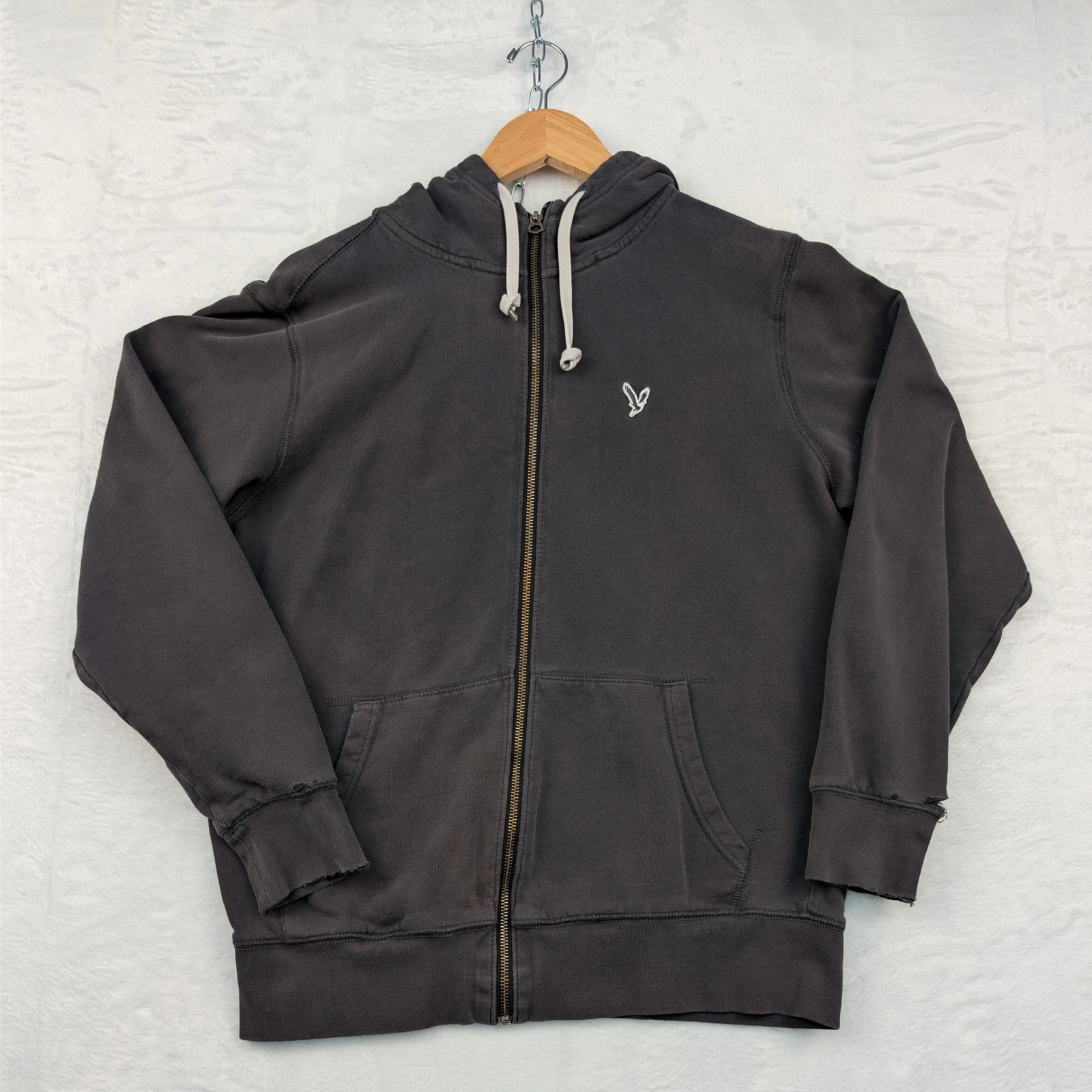 VTG American Eagle Hoodie Mens L Black Full Zip Fleece Thermal Hood Blank Y2K