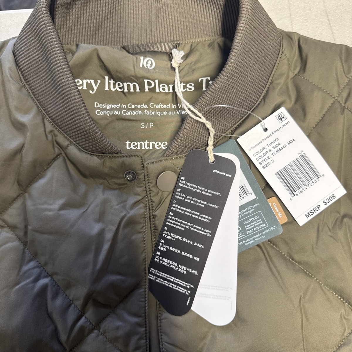 Tentree Diamond Padded Bomber Jacket - Tundra - Small | eBay