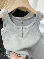 Ribbed Knitted Tops Button O Neck Basic Shirts Casual Vest Off Shoulder 