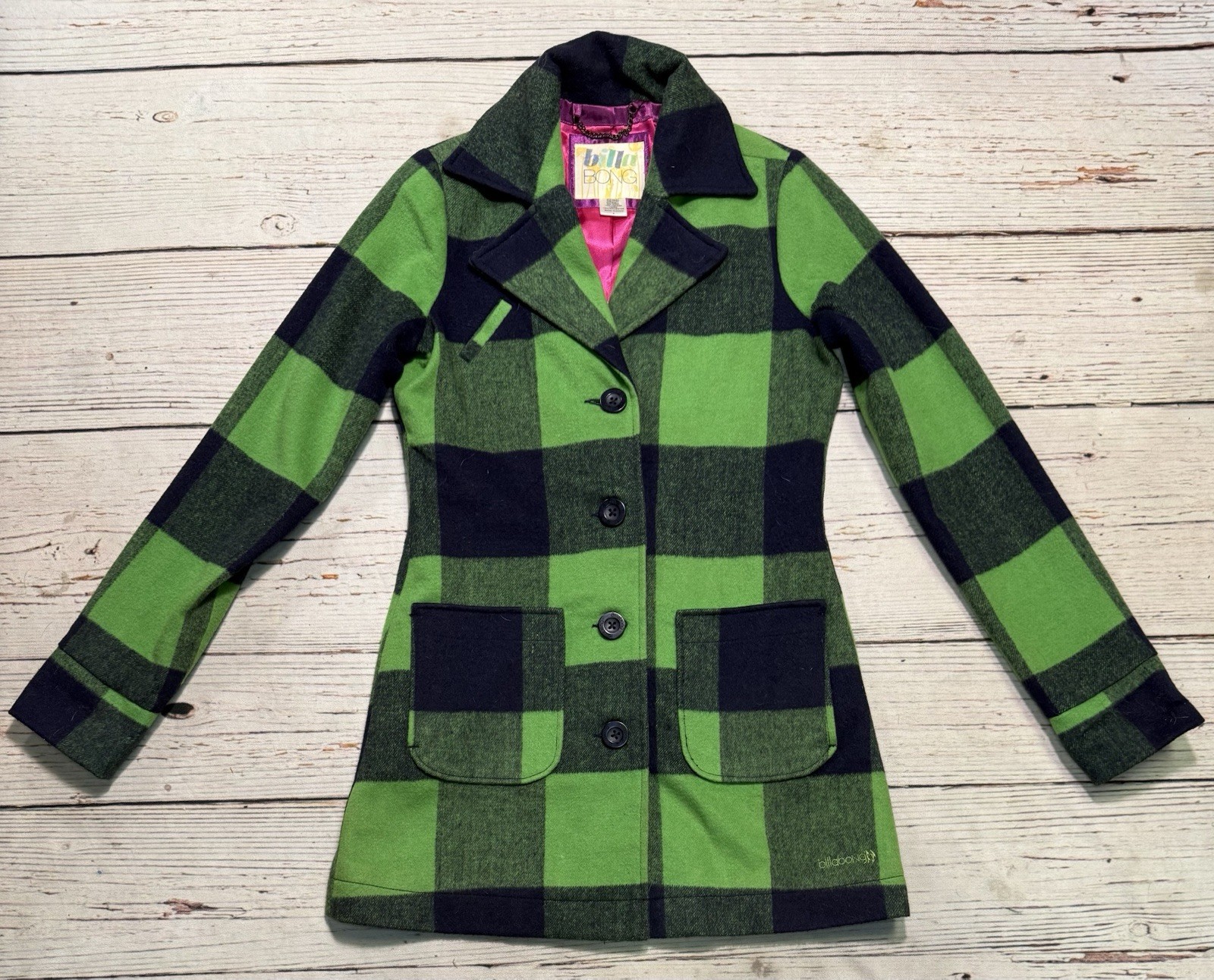 Billabong Plaid Lined Pea Coat Wool Blend Green/Black Womens Sz S