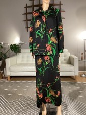Vintage 1970s Black Bright Floral Poly 2-Pc Maxi Dress Jacket Top Set Size 10