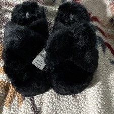 Pink Faux Fur Slip-On Women's Black Slippers Size L Comfort Non-Slip