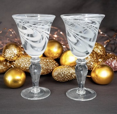 NEW YEARS~ Artland IRIS White Swirl Water Wine Goblets 8-1/2  Hand Blown Glass