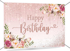Happy Birthday Banner Backdrop for Women Pink Floral Birthday Decorations Backgr