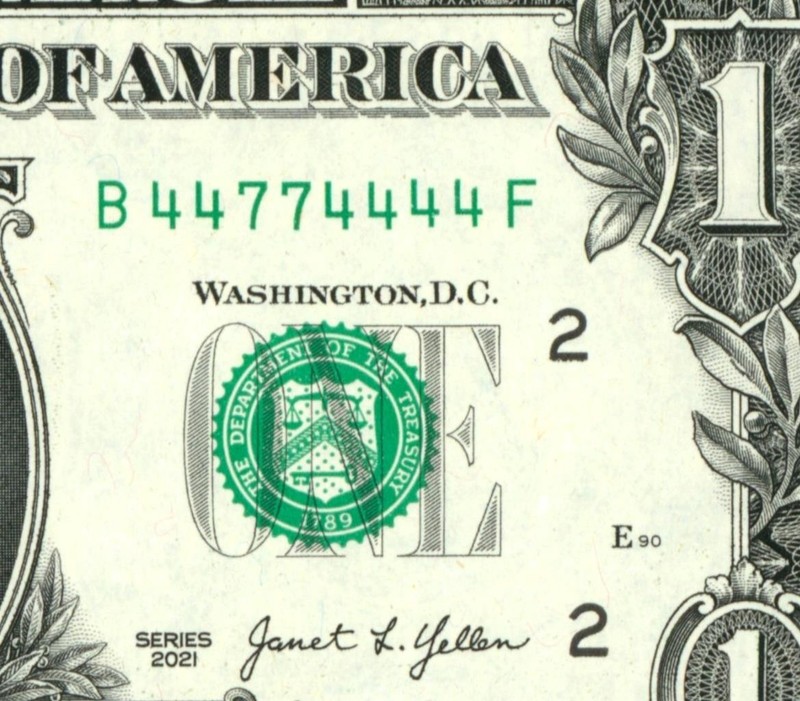 ((BINARY - 6 OF A KIND)) $1 2021 (CHOICE CU) (44774444) FANCY SERIAL # CURRENCY