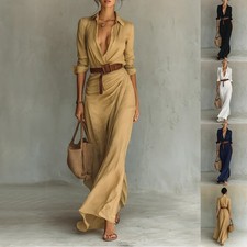 Women's Elegant Lapel Button Long Sleeve Shirt Dress Belted Maxi XS-5XL