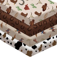 4 Pcs Western Crib Sheets Set 52'' x 28'' x 8'' Newborn Nursery Cowboy Crib S...