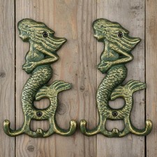 2 Pack Cast Iron Verdigris Mermaid Wall Hooks Vintage Rustic Coat Hooks with Scr