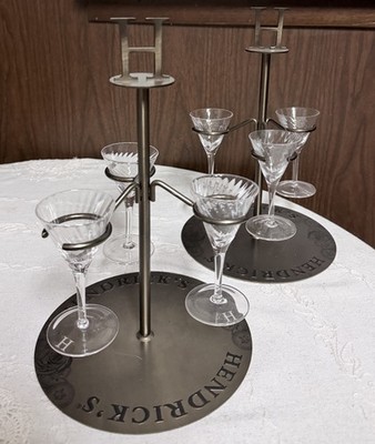 Hendrick's Brushed Metal Mini Martini Holder Stand, Holds 3 Glasses- Set of 2 