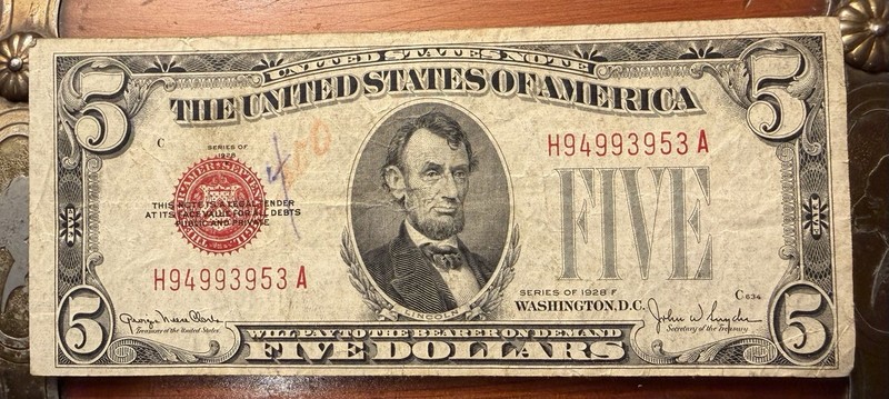 1928 $5 United States Note Banknote Lincoln Portrait Circulated Uncertified