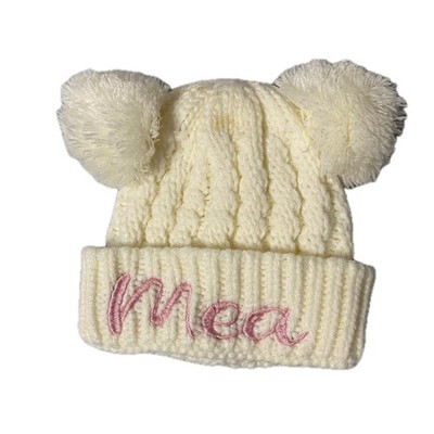 Unbranded Kids Cream Cable Knit Double Pom Pom Beanie Hat Pink Mea Embroidery