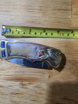 Wolf Head Folding Pocketknife Metal Handle Stainless Drop Point Gold Blue Red