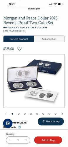 2025-S Reverse Proof $1 Morgan and Peace Silver Dollars. COA and OGP. $375 Now.
