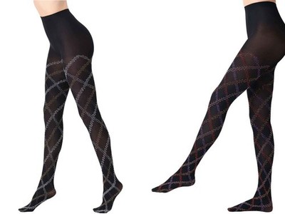 Oroblu Black Grey Purple Check Fur Tartan Opaque Tights 50 DEN Size S/M L/XL