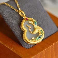 Hetian White Jade Gourd Pendant Enamel Phoenix Cubic Zirconia Choker Necklace 