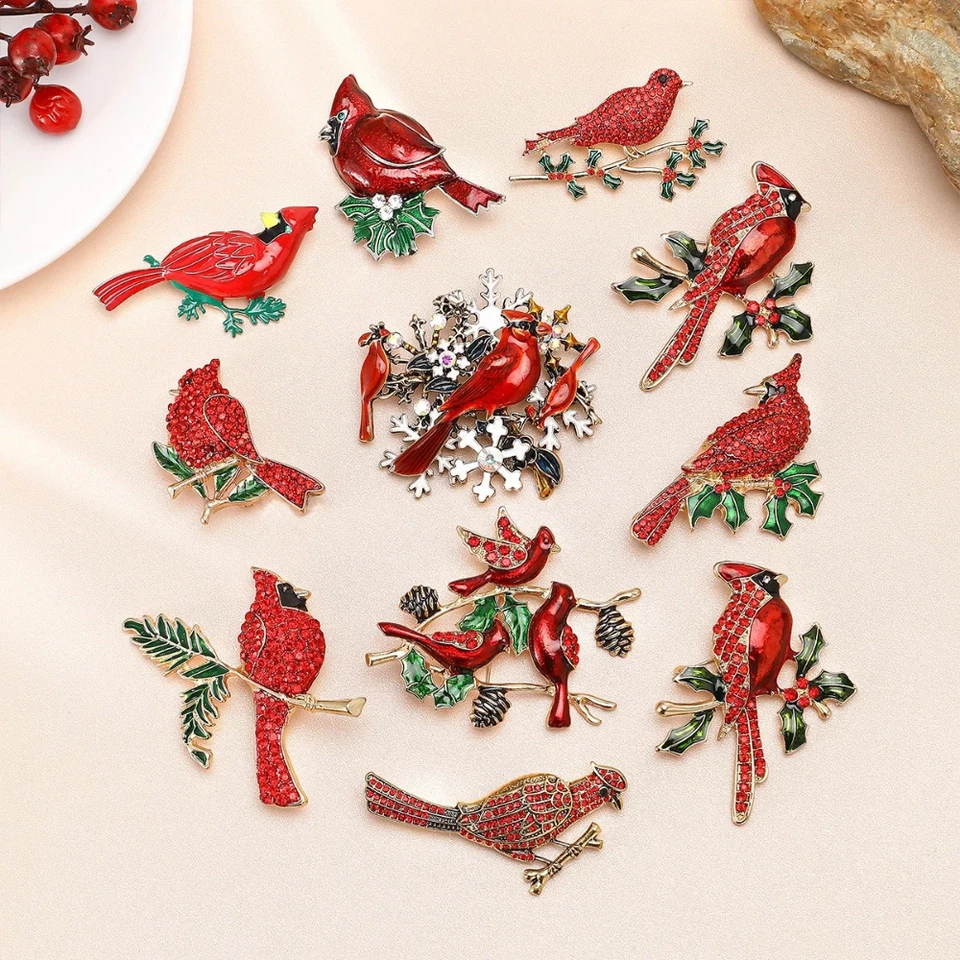 Broche prendedor de pájaro cardenal rojo de lujo - diamantes de imitación Navidad vacaciones joyería regalo Foto 4 de 4