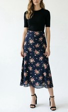 Ralph Lauren 100 Silk Floral Long Skirt 35" Black Romantic Rose Print, Size 6