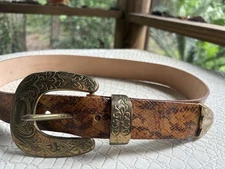 Streets Ahead Belt Women Medium 30-31 Snakeskin Print Leather USA Chunky Brass