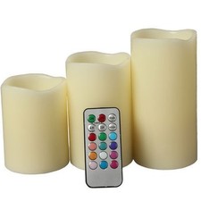 Set of 3 LED Color Change Flameless Ivory Wax Candles Remote 4" 5" 6" Xmas Decor