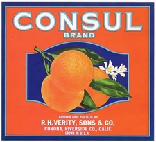 ORANGE CRATE LABEL VINTAGE RIVERSIDE COUNTY CONSUL CORONA ORIGINAL 1940S VERITY
