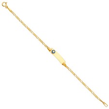Real 14K Yellow Gold 6" Figaro Chain Evil Eye Blue Child Kid Baby ID Bracelet