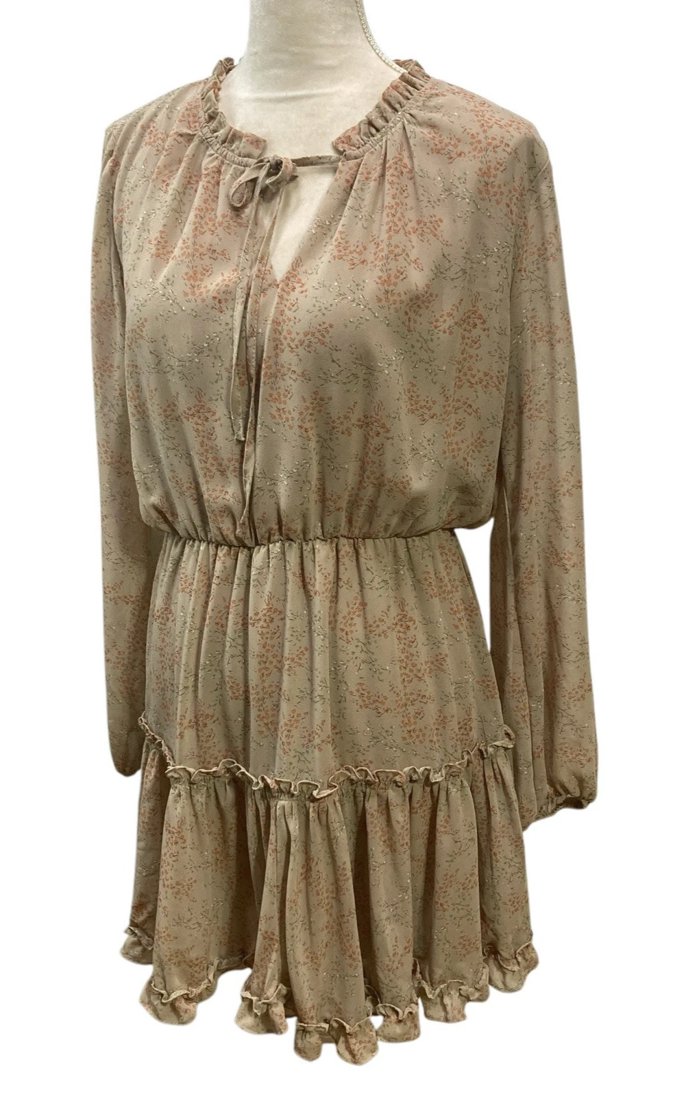 VETEMENTS Abito Roolee donna M beige verde floreale manica a palloncino foderato con volant a strati