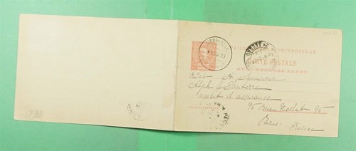 DR WHO 1899 PORTUGAL ANGRA DOUBLE POSTAL CARD TO FRANCE m16122