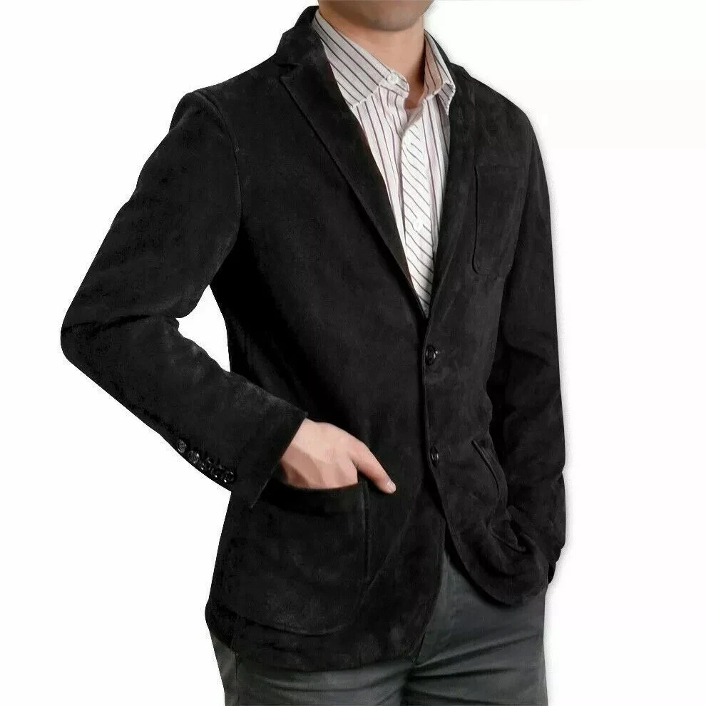 Men's Real Suede Blazer Two Button Classic Coat Soft Leather Black Sports Jacket