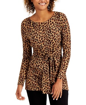 Charter Club Women's Leopard Print Tie Top, Brown, Size Large