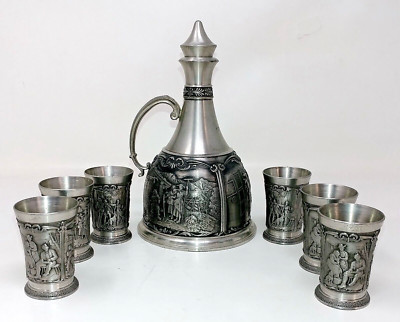 Vintage Hallmarked SKS ZINN 7 Piece Repousse Pewter Liquor Set 95% Fineness Mark