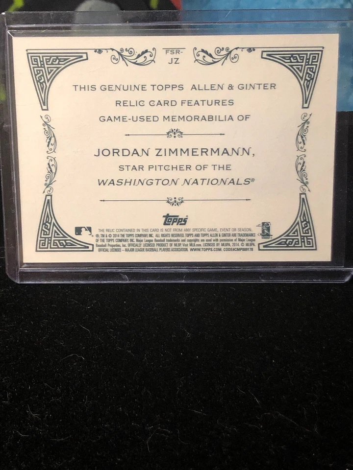 2014 Topps Allen & Ginter Jordan Zimmerman Nationals Game Used Jersey FSR-JZ - Image 3 of 3