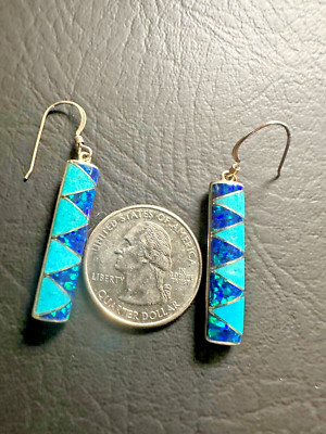 SIGNED! NAVAJO Turquoise & Lab Opal Inlay  Sterling Silver Dangle Earrings