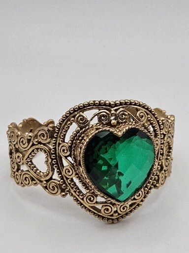 Sajen AMORE Bronze Scroll Faceted Green Quartz Glass Heart Chunky Cuff Bracelet