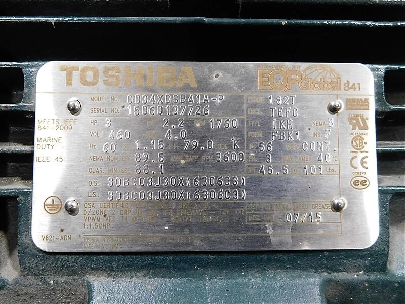 USED Toshiba 0034XDSB41A-P Motor 3 HP 2.2kW 1760 RPM 3600 max. RPM Damaged Fin - Image 2 of 4