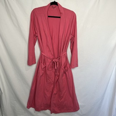 Green Cotton by Garnet Hill Women's Long Night Robe Sz M Pink Tie Waist Pockets