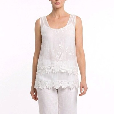Italy Damen Blusen Top Chiffon Größe  36 38 40 Tunika mit Stickerei Weiß