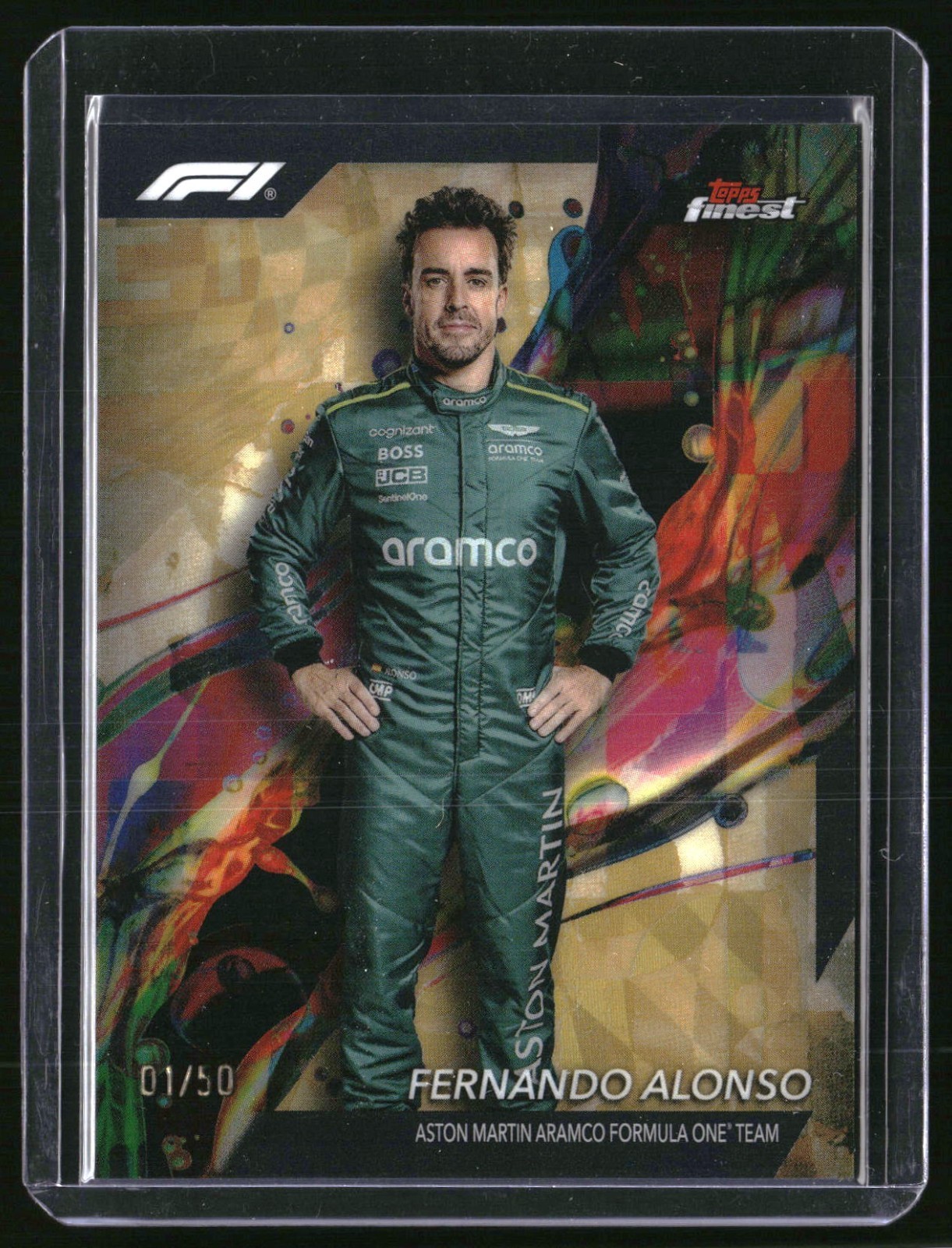 2024 Topps Finest Formula 1 F1 Fernando Alonso Common Gold 01/50 #11 Bookend