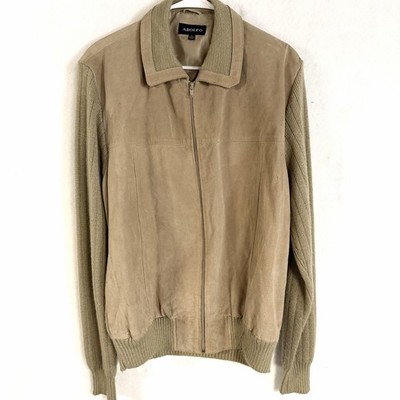 Y2K Adolfo Lamb Leather Knit Bomber Jacket Mens Large Beige Zip Sweater Classic