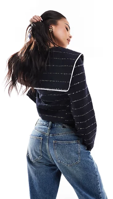 ASOS Design Contrast Formal Boucle Jacket Ladies Navy Blue Size 8 Cropped Stripe - Image 3 of 4