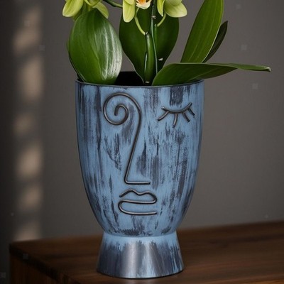 Planter with Face Detailing Sculptural Face Planter Cylindrical Vase Weathered