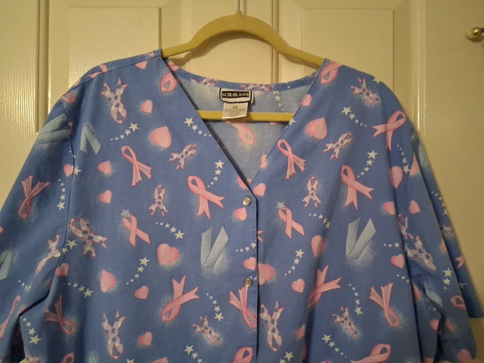 SCRUBLAND II Unisex SZ 2X Short Sleeve Scrub Top Breast Cancer Awareness - Image 2 of 4